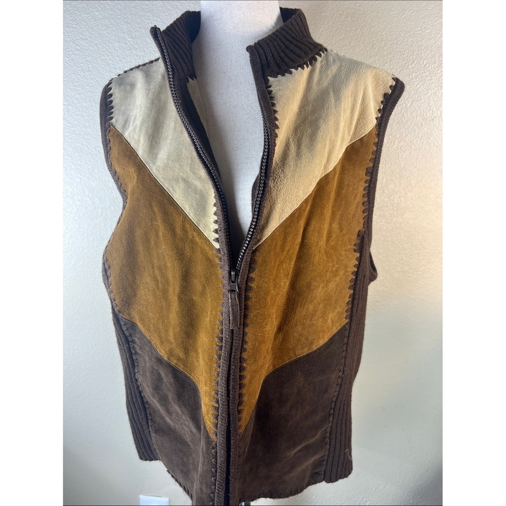 Planet & Company Woman Brown Leather Patchwork Sweater Vest Plus Size 2X Boho